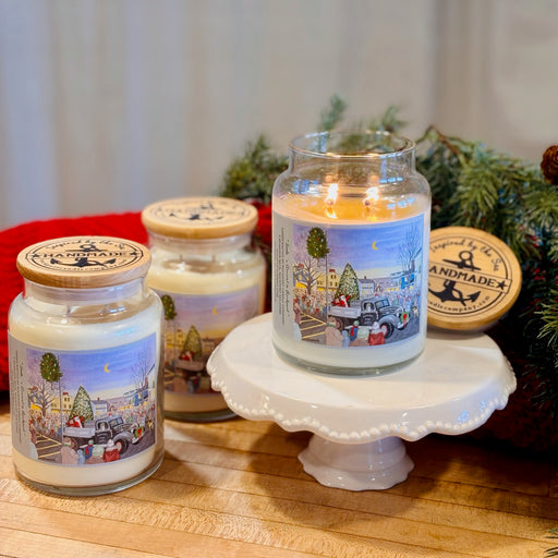 24-ounce double-wicked Christmas charity candle detail