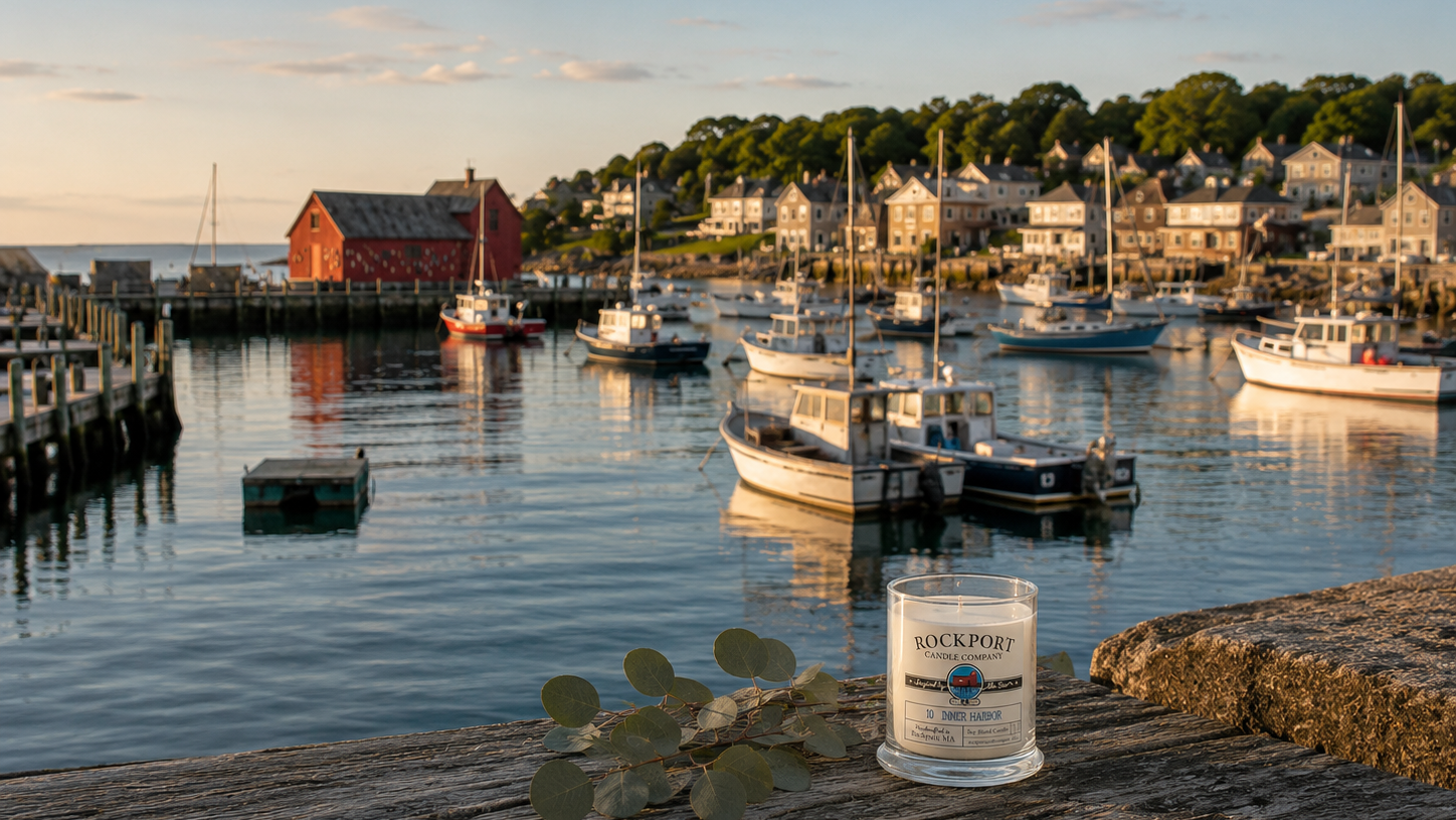 New Inner Harbor candle with background of Rockport Harbor